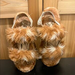 UGG Tan and White Fluffy Slippers